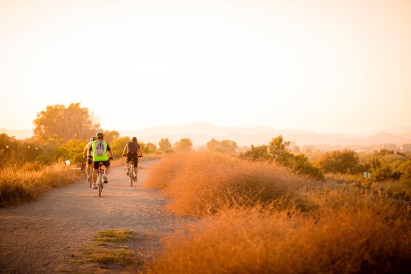 Familien Fahrradtour sonnenuntergang Fahrradtour mit der Familie im Sonnenuntergang