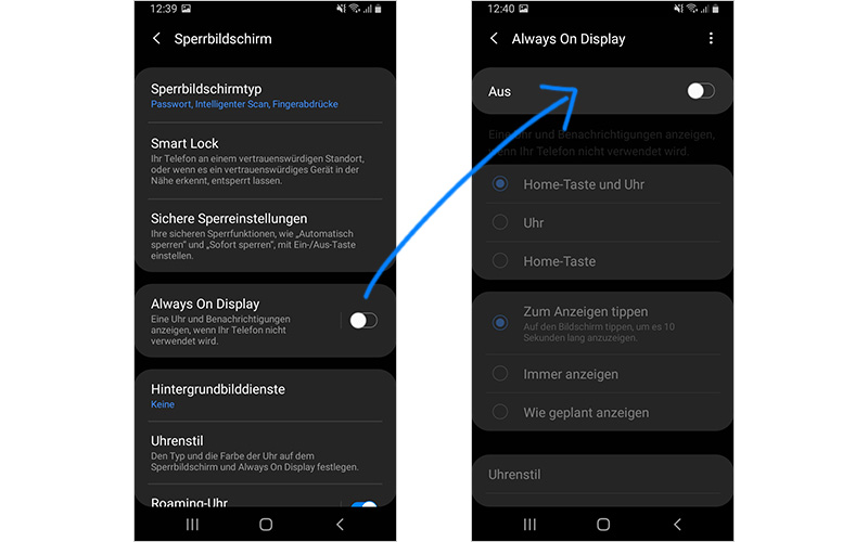 Handy Android Bildschirm-Screenshot über das Deaktivieren der Always-On-Display-Funktion Always-On-Display-Funktion deaktivieren, um den Android-Akku schonen
