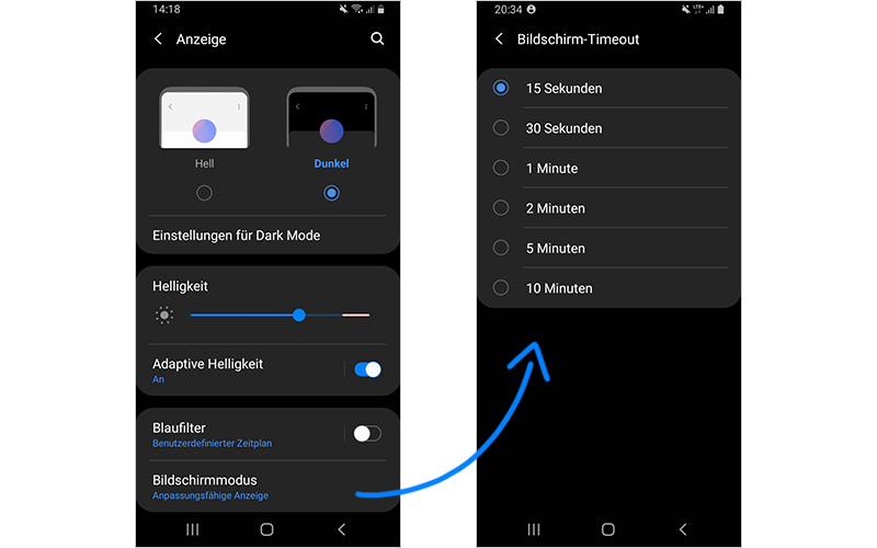 Android Smartphone Bildschirm-Screenshot über das Einstellen der Bildschirm-Timeout-Funktion Bildschirm-Timeout reduzieren spart Handy Akku