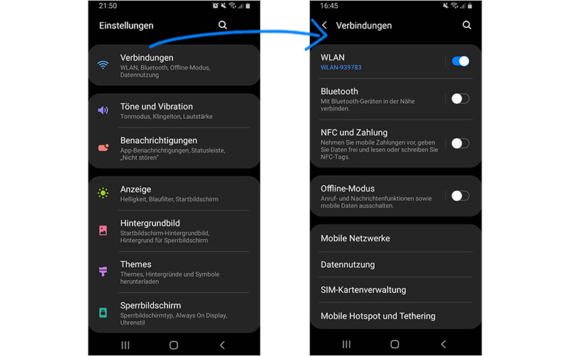 Android Handy Bildschirm-Screenshot über das Deaktivieren von Funkverbindungen Funklöcher verbrauchen viel Akku. Schone Deinen Akku und deaktiviere nicht notwendige Funkverbindungen