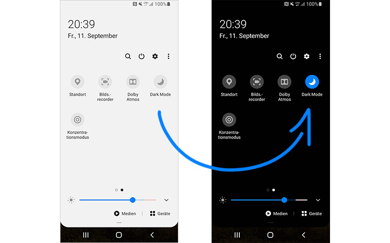 Android Handy Bildschirm-Screenshot über das Einstellen des Dark Mode über die Schnellzugriffsoberfläche Handy Akku sparen durch die Aktivierung des Dark Modes