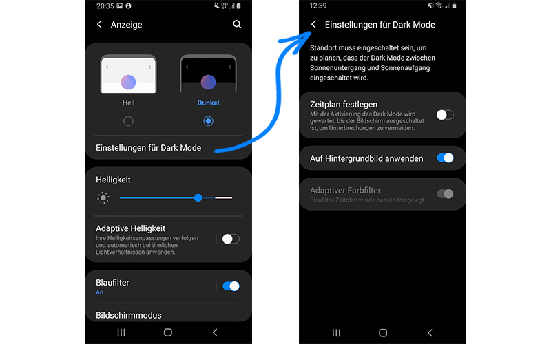 Android Smartphone Screenshot der Aktivierung des Dunkelmodus über Einstellungen Handy Akku ständig leer? Dann aktiviere den Dunkelmodus!