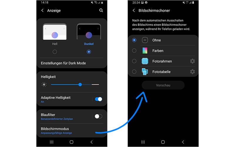 Android Handy: Screenshot über das Ausschalten des Bildschirmschoners Handy Akku verlängern: Bildschirmschoner ausschalten hilft