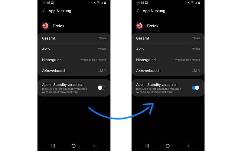 Android Smartphone Display-Screenshot über das Aktivieren des Standby-Modus bei einer App Handy Apps in den Standby-Modus versetzen schont den Akku