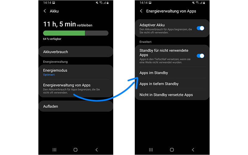 Android Handy Bildschirm-Screenshot: Wie setzte ich Apps in den Standby-Modus Smartphone Apps können viel Akku verbrauchen