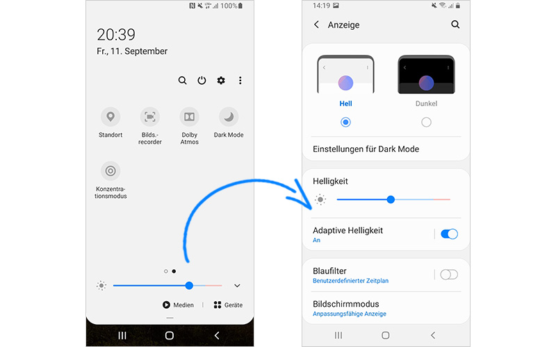 Android Screenshot über das Einstellen der Bildschirm Helligkeit Akku schonen: Displayhelligkeit verringern oder adaptive Helligkeit nutzen