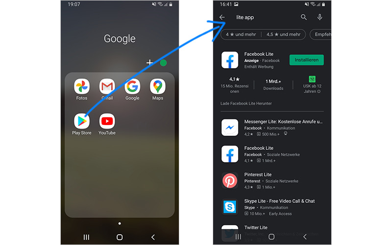 Android Smartphone Bildschirm-Screenshot über Lite-Apps Lite-Apps können Deinen Handy Akku sparen