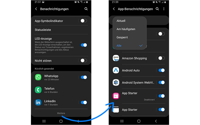 Android Smartphone Display-Screenshot über das Deaktivieren von Push-Benachrichtigungen Push-Benachrichtigungen deaktivieren schont Deinen Handy Akku