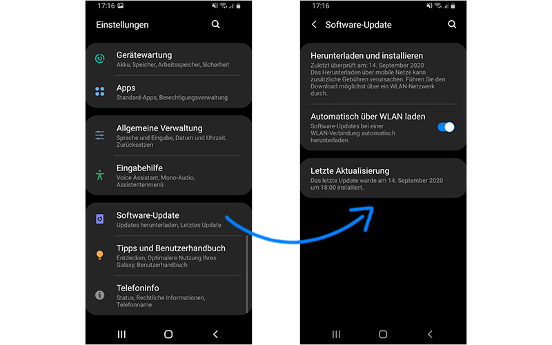 Ein Android Screenshot über die Einstellungen des Software-Updates Software-Update bei Android Handys – Akkuverbrauch optimieren