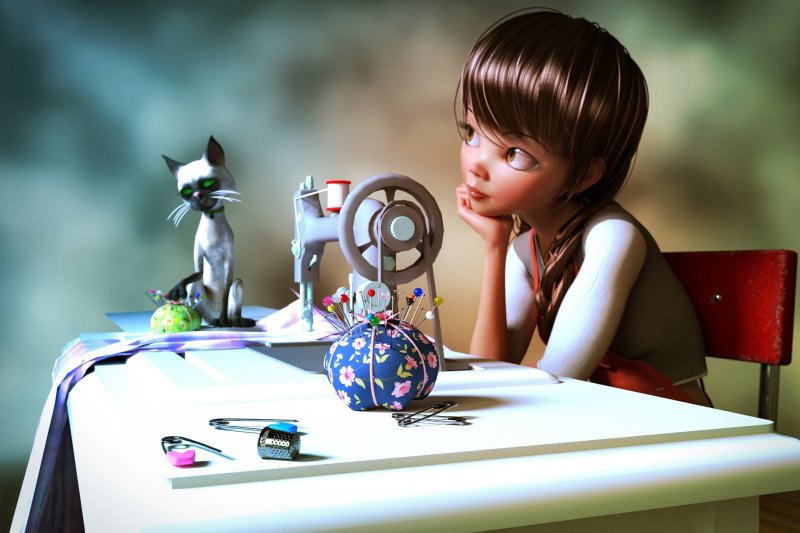 Mädchen vor einer Kindernähmaschine Mädchen mit Nähmaschine